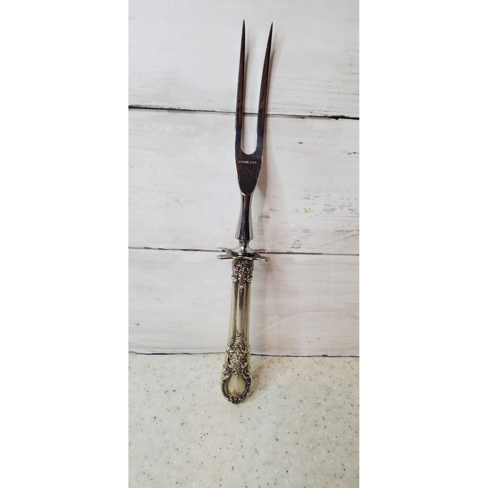 Vintage Sterling Handle Carving Fork – Stainless Steel Tines – Ornate Floral – 9